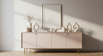 Modern minimalist interior design with a blush pink sideboard displaying decorative vases and mugs