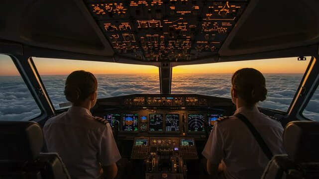 Two female pilots in the cockpit of a commercial airplane flying above the clouds. Woman pilot and co-pilot crew looking at the sunset from the flight deck.