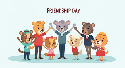 Cute Animal Friends Celebrating Happy Friendship Day Together