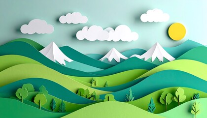 Paper-cut landscape with mountains, clouds, and sun