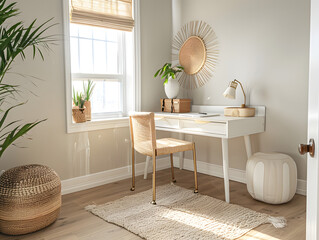 A modern home office with minimalist furniture, natural lighting, and green plants, offering a calm and aesthetically pleasing environment for focused and creative work.