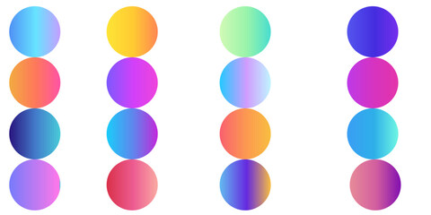 Rounded holographic gradient sphere button. Multicolor green purple yellow orange pink cyan fluid circle gradients, colorful soft round buttons or vivid color spheres flat set