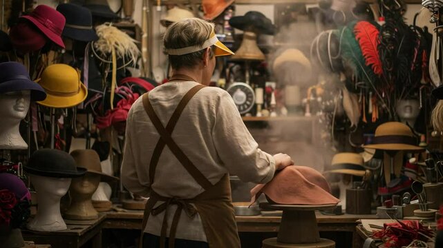A skilled female milliner at work in her traditional workshop, crafting a handmade felt hat with steam.