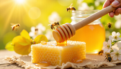 Honeycomb with bees and wooden dipper in natural setting  