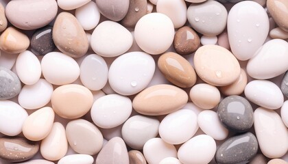 Fototapeta premium A tranquil background featuring smooth, wet white stones covered in rainwater, with a gentle sheen and diffused light reflections enhancing the raw, natural beauty of the scene