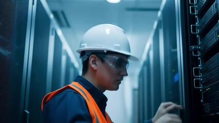 Engineer inspecting server room wearing helmet and safety gear