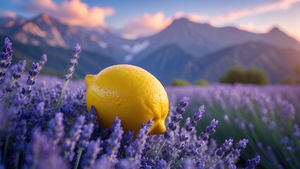 Lemon Resting in Lavender Field with Mountain Range Background Sunset