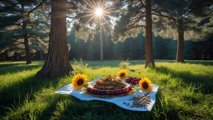 Picnic with Pancakes and Cherries in Sunny Forest Glade