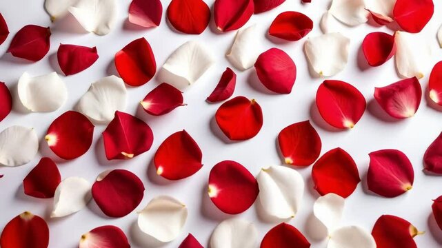 Scattered red and white rose petals on white background creating romantic floral pattern