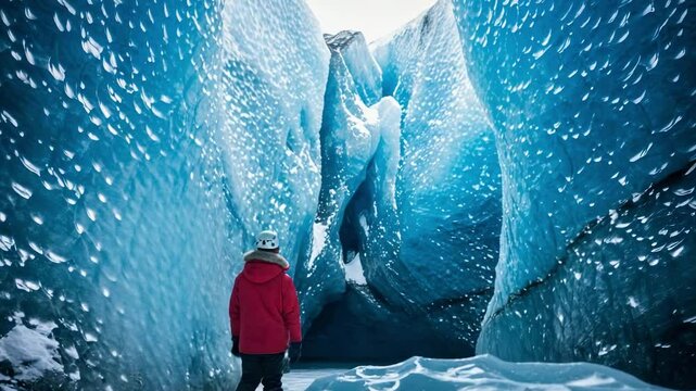 Hiker in red parka explores a majestic blue ice cave. Adventurous journey through a frozen glacier crevasse. Winter exploration.