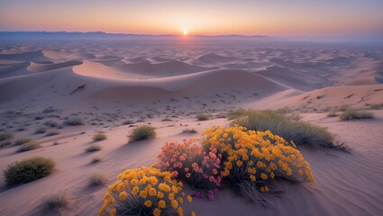 Desert Flowers Bloom at Sunset with Sand Dunes Landscape View