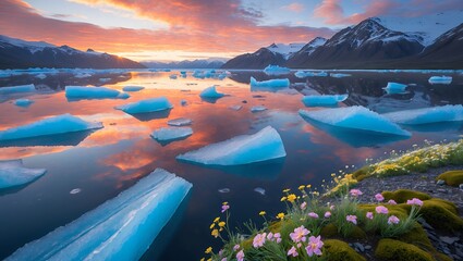 Floating Icebergs Reflecting Sunrise Sky in Peaceful Mountain Lake Landscape
