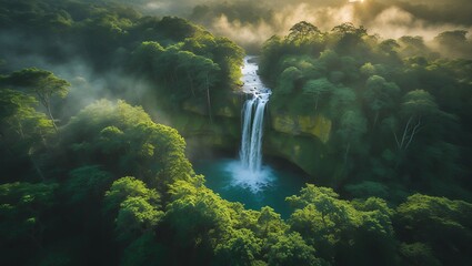 Waterfall Flowing into Clear Pool Surrounded by Lush Green Forest