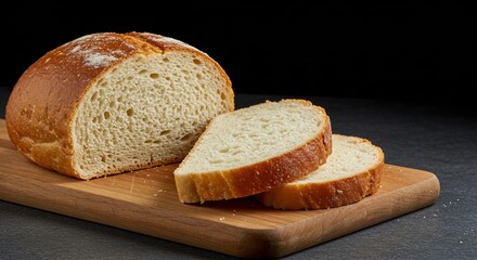 A loaf of bread with slices on a wooden cutting board against a dark background in a studio shot