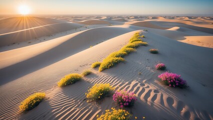 Flowering Desert Landscape at Sunrise with Rolling Sand Dunes
