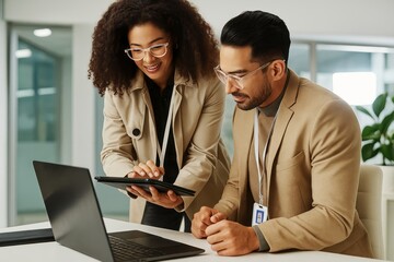 Two focused professionals collaborating with a tablet in a modern office setting filled with natural light and neutral colors for professional vibes.