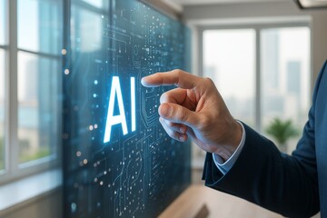 Man interacting with an AI interface through a touch screen display, futuristic technology and design blending in an office environment.