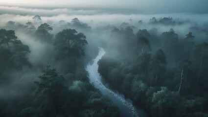 River flowing through misty forest landscape in a serene atmosphere