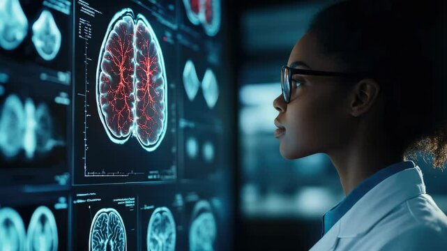 Female scientist examining MRI images with concentration.