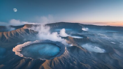 Aerial View of Volcanic Craters with Water and Geothermal Vents
