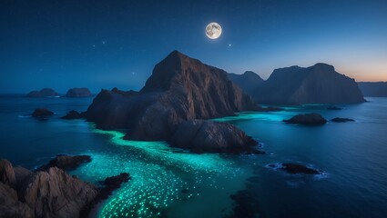 Island Coastline Under Moonlit Sky with Bioluminescent Water Phenomenon