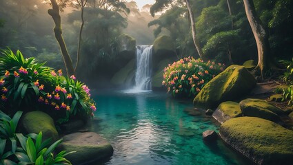 Waterfall cascading into clear pond surrounded by lush tropical vegetation