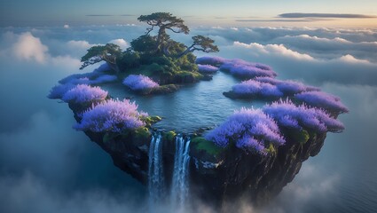 Floating Island with Waterfall and Purple Flowers Above the Clouds