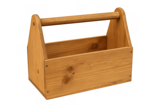 Rustic wooden toolbox carrying workshop tools, featuring sturdy handle against clean transparent backdrop