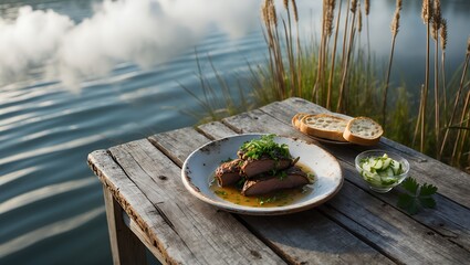 Delicious meal served outdoors by a serene lake with fresh ingredients