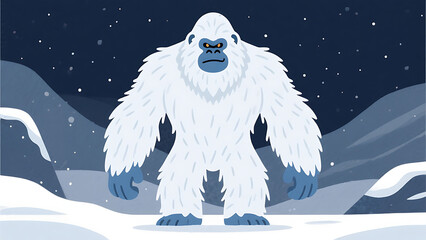 Large Yeti standing in snowy mountain landscape at night, winter monster illustration, mythical creature design, snowy background