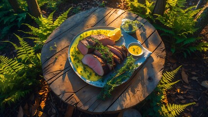 Serving Roasted Meat with Lemon on Rustic Table in Nature