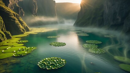 Peaceful Waterway with Lily Pads and Fog Shrouded Cliffs