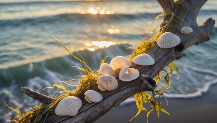 Seashells on Driftwood by the Ocean at Sunset Coastal Scene