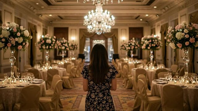 A woman with dark hair stands looking into an empty, elegant ballroom. The grand hall is set for a wedding reception or gala with decorated tables, floral centerpieces, and crystal chandeliers.