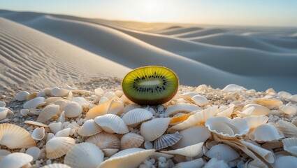 Kiwi Fruit Half on Seashells at Beach with Sand Dunes