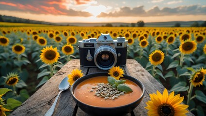 Retro Camera and Pumpkin Soup Display with Sunflower Field Backdrop
