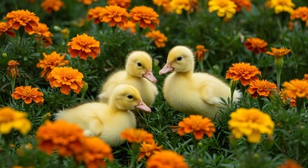 Ducklings in a Marigold Sea