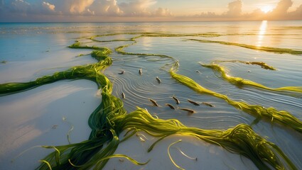 Seaweed and Fish on Sandy Beach at Sunset Seascape