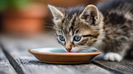 Cute Kitten Enjoying Gravy Food From a Small Bowl With a Blurred Background for Text Overlay