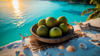 Coconuts in Bowl on Beach with Turquoise Sea at Sunset