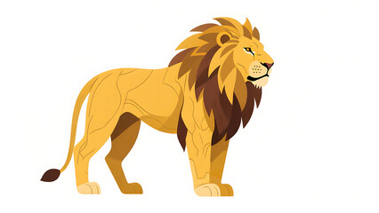 Obraz premium Majestic male African lion standing profile, golden fur and brown mane, wildlife animal illustration, isolated on white background