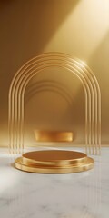 Abstract 3D gold pedestal scene with glossy reflections, clean floor, and radiant golden background for premium minimalist display