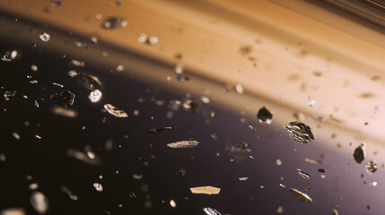 Close-up view of Saturn’s rings showcasing icy asteroids and sparkling frozen water crystals in space