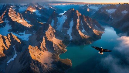 Eagle soaring over mountain lake landscape with dramatic rocky peaks