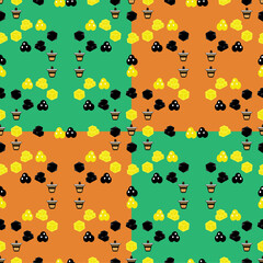 A seamless and colorful pattern featuring boba pearls and brown sugar jelly cubes 