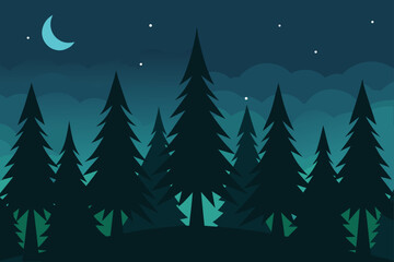 night forest scene with tall  straight pine trun