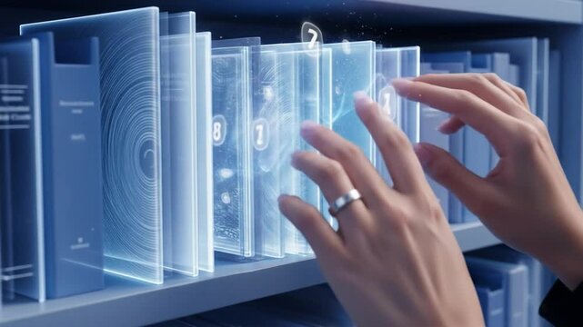 A persons hands interact with a row of glowing digital books