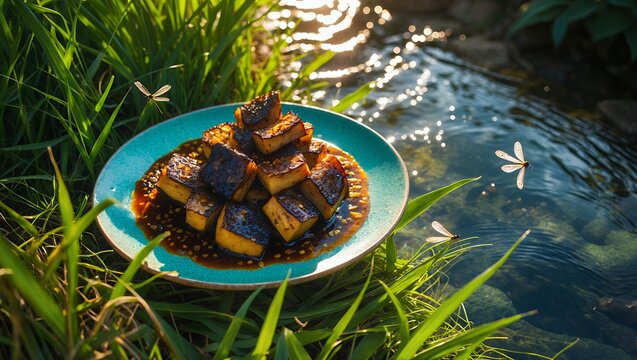 Grilled Cubed Dish on Plate near Stream with Sunlight and Insects