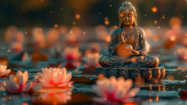 A statue of Buddha sits in meditation surrounded by lotus flowers and bokeh lights