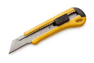 Yellow utility knife displaying sharp retractable blade, positioned vertically against transparent surface, prepared for precise cutting tasks